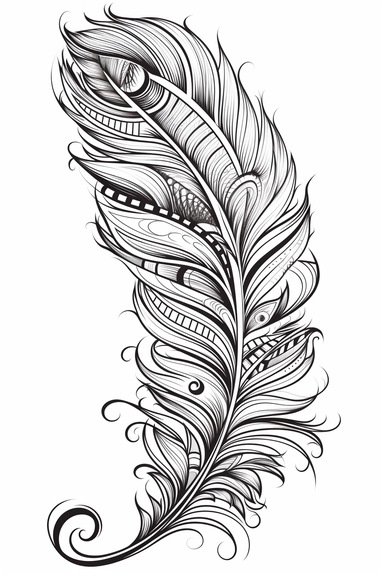 tattoo Tribal Feather: A stylized tribal feather tattoo, representing freedom, spirituality, and connection to the divine, anime style black and white full page pattern coloring page for kids, isolated, black and white, line art, printable outline art, thin lines, digital art, clip art, isolated, anime style, full page, award winning art