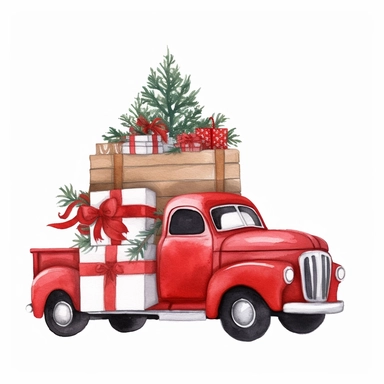 red christmas truck with presents clipart, white background