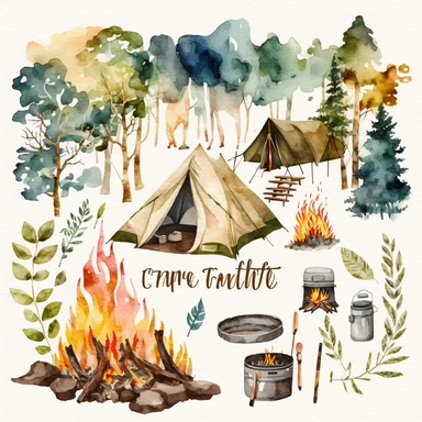 Camping clipart, camp clip art, watercolor camp fire, woods, tent, hiking