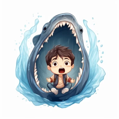 clipart, cute chibi Jonah inside the open mouth of a whale, religion, isolated on white background