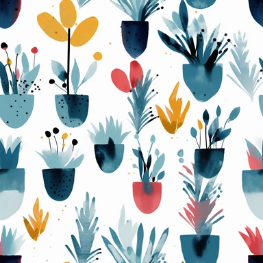 seamless pattern, colorful abstract pot plant, modern art, light blue colors, watercolor clipart, white background, minimalist, abstract, simplistic