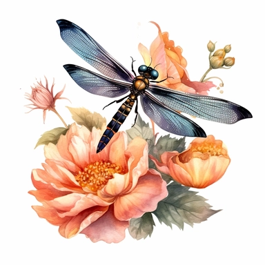 a watercolor clipart of a dragonfly on a flowe