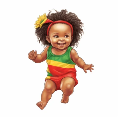 Happy baby juneteenth girl with red, green, yellow cloths and flower, full body, hand draw Illustration clipart, 4K, extremely detailed