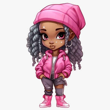 beautiful African American hip hop girl, chibi and kawaii style, white background, clipart, wearing pink