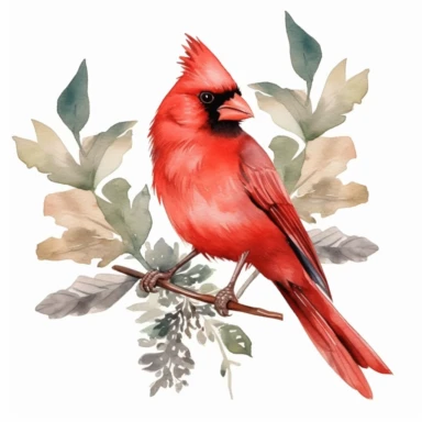red cardinal bird, clipart, minimalism, watercolor, green leaves
