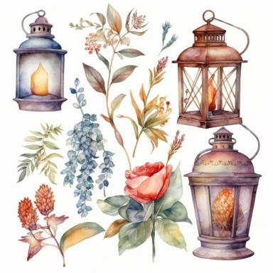 lanterne Cottagecore aquarelle, beautiful watercolor cliparts of old floral wall lamps, magic colors, white background, margin, 8k