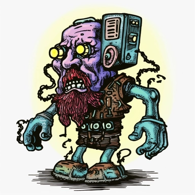 shambling limping dwarven zombie with tesla coils coming out, dark electric aura, Basil Wolverton Josh Kirby Dave Gibbons handpainted enamel punk zine indie retrowave, clipart illustration, solid white background