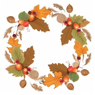 Create Separate Single Clip Art, Simplistic, Thick Natural Branches with Fall Leafs and Acorns AS a full Picture frame, Isolated and separated on WHITE Background, 2D, vector flat, clip art, No Gradients