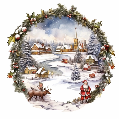 vintage design, advent wreath around oil paining Cute santa claus carries a thick filled sack on his back Clipart Collection in beautiful winter landscape with a lot of snow and a small lake and a small town with church, , christmas theme, advent wreath around, christmas theme, detailed, isolated, white background, one pattern