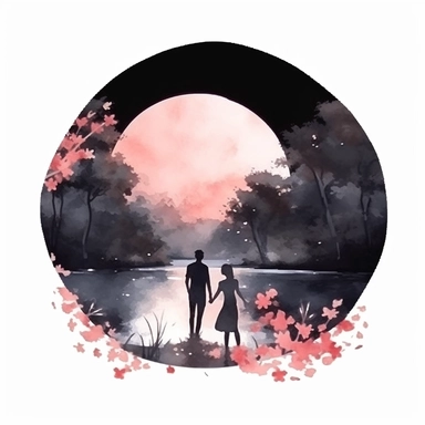 Watercolor, A couple by the river in bloom, night,clipart on black background