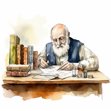 looking at an old man with a beard sitting at a table writing with a fountain pen with a stack of books also on the table watercolor clipart--no text no watermark