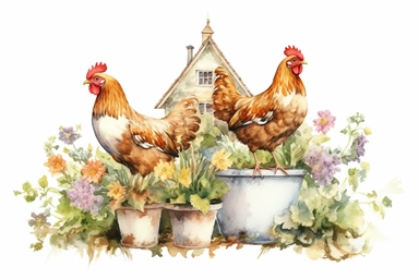 picturesque scene, watercolor and ink style, hen chickens with clay plant pots filled with spring flowers, clipart on plain white background, nature vibes, super high detail ultra precision 16k HD, clean crisp brushwork, painted by Beatrix Potter