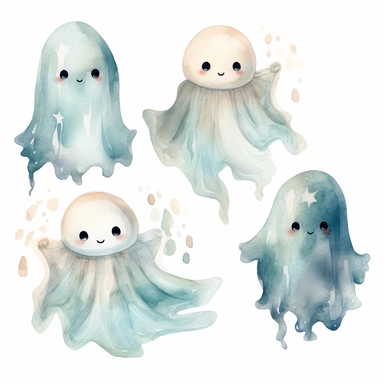 cute ghost watercolor clip art, in the style of light beige and dark aquamarine, varied brushwork techniques, wavy resin sheets, elaborate, colorful, rollei prego 90, haunting figuratism