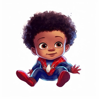 A biracial little newborn baby boy superhero as marvels spiderman, sitting down, tiny cute little baby, curly afro hair, , red and blue colors, watercolor art, clipart