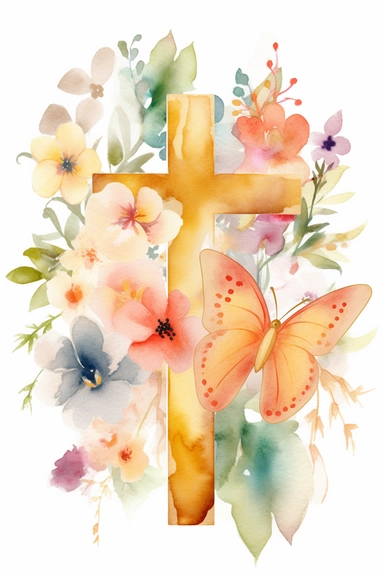 Photo watercolor hand painted floral and butterfly cross clipart easter religious greenery illustration baptism cross clip art holy spirit clipart golden frame wedding