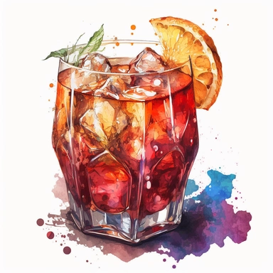 Watercolor glass of Negroni drink Clipart ,high quality, highly detailed, watercolor , hand-drawn animation , vibrant color, bright colors, romantic, , watercolor,