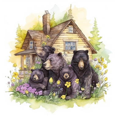 hand drawn family of black bears, wearing clothes in shades of yellow and purple, at a cabin in the woods, bumblebees, purple flowers and grass, very detailed, very realistic, watercolor, clipart style