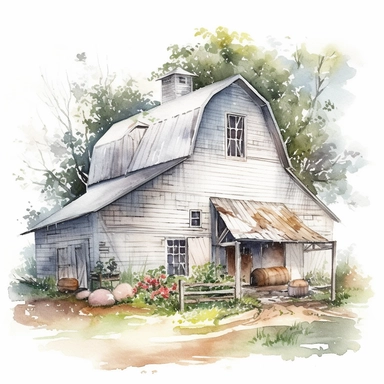 white Gambrel Roofed Barn, painted white, pretty white barn, farmyard with plants trees and farm accessories, detailed watercolor illustration, light color scheme, isolated on white background, white border, clipart