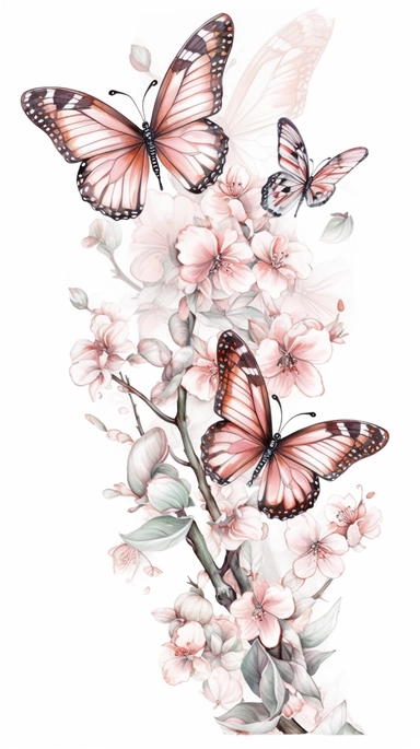 clip art Watercolor art of a cherry blossom branches, butterflies, with soft pastel hues, illustration in the style of Ayami Kojima and J.C. Leyendecker, pixiv, high quality, highly detailed,on white background