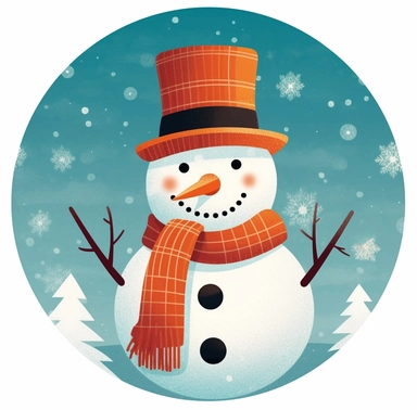 snowman with red hat clipart, vector image, illustration, in the style of dark turquoise and light orange, circular shapes, back button focus, playful motifs, light sky-blue and light maroon, illustration, charles wysocki