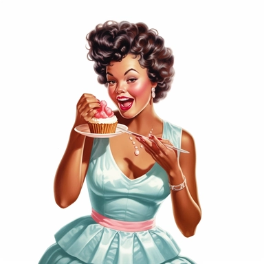 vintage 1950s illustration black woman eating cakes Clipart, on a white background, vintage aesthetic, character focus, 4K resolution, no background, realistic rendering, use using Cinema 4D