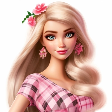Barbie doll in pink checkered dress, curtains bangs, light hair, beautiful face, flowers, fashion illustration, high quality, clipart, white background
