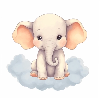 nursery cartoon clip art, cute baby elephant, on a cloud, soft pastel colors, clean isolated image, plain white background,