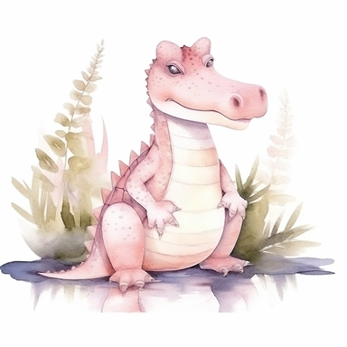 Nursery Watercolor Illustration clip art of cute pastel pink famale alligator walking on swamp water white background