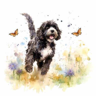 Playful Portuguese water dog chasing butterflies in a sunlit garden, its tail wagging with excitement, capturing its joyful and lively spirit, white background, watercolor clipart