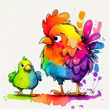 funny pink, yellow, blue, orange and green chicken, hen with rooster, with beautiful legs, like a friend, cartoon style, white background, black outside lines, designs, white background, watercolor pencil drawing, small details, digital art, clipart, super acurate, –testp, pixar,