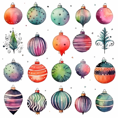 Watercolor line art, little squares filled with doodly patterns of  xmas ,ornaments and decorations , illustrations clipart set, simple, christmas colors , cartoon elements, different variants , stocking, bubble ornaments, xmas wreath, modern art, separate elements with a margin