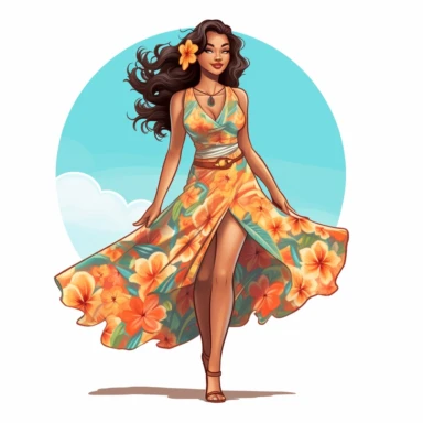 hand-drawn, clipart, ultra realistic, young woman is wearing a vibrant and colorful floral halter sundress that fits her curvy hips perfectly. The dress has a flowing and breezy fabric that moves with the gentle summer breeze. The halter neckline accentuates her shoulders and arms, and the back of the dress is open, revealing her glowing skin. She completes her outfit with a pair of simple and elegant sandals that complement the dress's floral pattern. Her long straight silk press hair is carefu