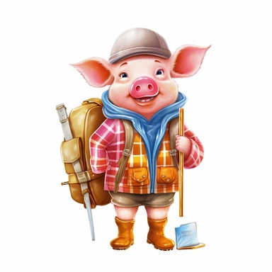 cute Pig character wearing camping clothes and camping gear with happy face,front facing on isolated background,with happy face and expression,Animal Sublimation Clipart,no splash watercolor,white background, ultra detailed clipart, cut out image, colorful watercolor realistic, cartoon style, ultra HD, sharp and clean art