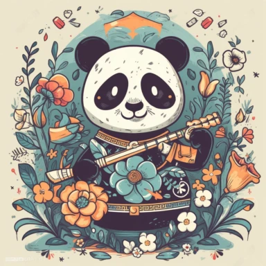 a happy panda with a bamboo shoot and a martial arts belt, depicted in a whimsical, surrounded by colorful flowers and butterflies. The mood of the artwork is cheerful and playful, with a soft pastel color palette. The lighting style is bright and sunny, evoking a warm and inviting feeling. clipart design graphic, vector, contour, super cute, isolated white background, high quality, 2d, flat