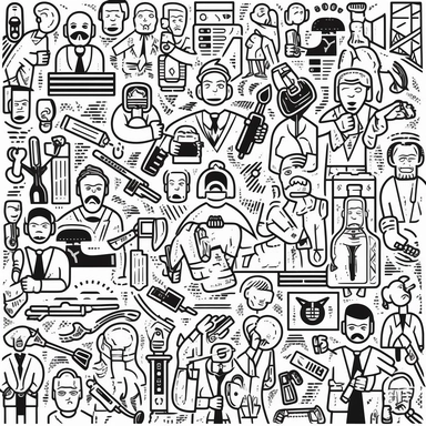 crime drugs mayhem and violence as corporate clipart icons, black line art icons