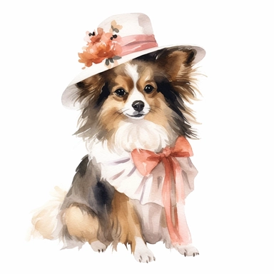 An adorable watercolor clipart of a Doggy Diva wearing a fashionable outfit, sable and white Papillon