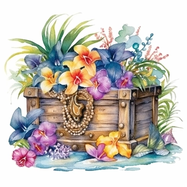 clipart, isolated on white background, Watercolor spring treasure chest with jewelry, detailed, beach, flowers and plants, ornated, vivid and vibrant and saturated colors