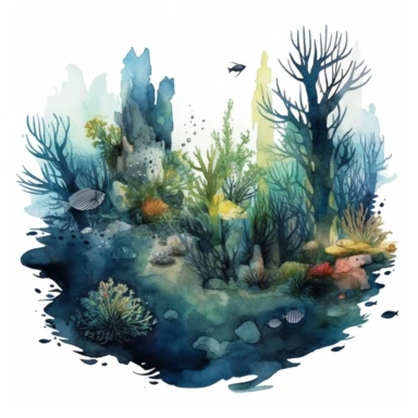 Horror style overrealistic mystical bottom of the sea with watercolor effect, dark blue water, dark green mosses, deep water, sea plants, coral and mussel, random fishes, undersea details, suitable for digital clipart, white background