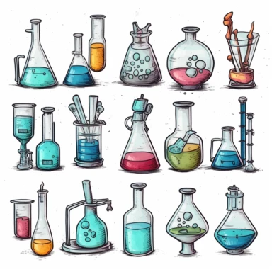 laboratory themed clipart set, color hand drawn illustration, isolated image white background