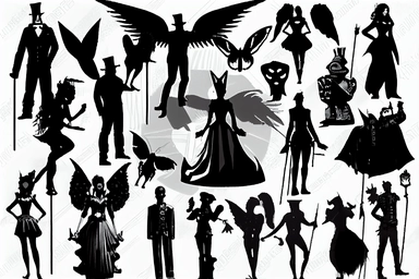 silhouettes of soldiers, priests, devils, fauns, angels, jugglers, cops, clowns, madmen. Bizarre, whimsical, random, victorian, theatrical, funny. Black and white clipart collection, white background