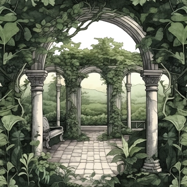 medieval garden, stylish | COLOR THEME: dark green, olive green, army green, black, light pink | watercolor, clipart, hyperrealistic, white background