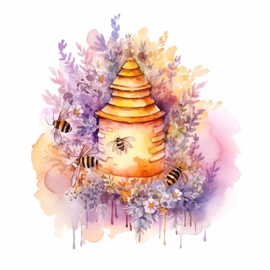 elegant stylish beehive with flowers, magical, watercolour illustration. colourful, white background isolated. aquarellist, fantasy, cute, clipart, cottagecore,