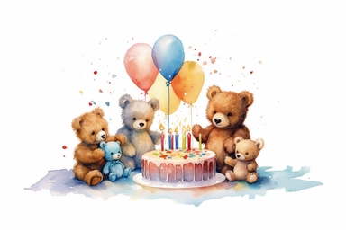 beautiful watercolor pastel 2 birthday baby bears eating birthday cake with balloons clipart, hd, pixar style, isolated on white background, spaced out