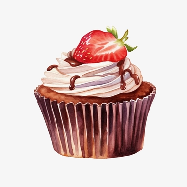 Watercolor Yummy chocolate stawberry cup cake clipart, hd, single object, white background