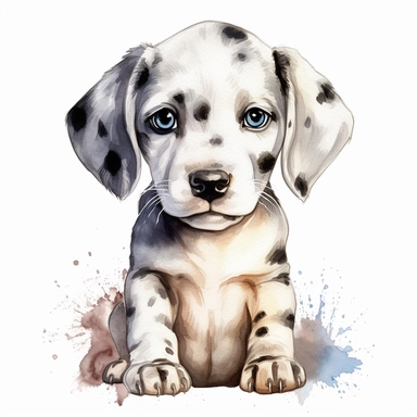 Clipart, watercolor, white background: A cute baby Dalmatian with floppy ears and innocent eyes, showcasing its irresistible charm.