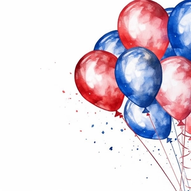 watercolor clipart illustration of balloons page border, page border, red white and blue, hand painted details, clean and simple designs, solid background color, spaced out