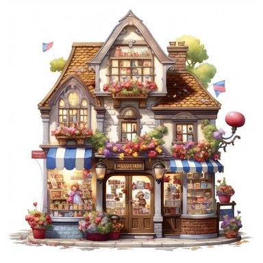 a very cute toy shop with lots of toys , clipart, exterior view, cozy, flowers, luminious, dramatic lighting, super detailed, daytime, Thomas Kinkade style, watercolor, 8k, on isolated white background