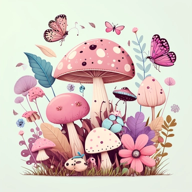 cute pink mushrooms with butterflies birds and bugs in a meadow clipart