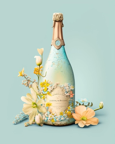 a photograph of a champagne Bottle clipart with Pale Yellow and rock flowers colors, Perfect for a springtime garden party with a vintage theme, blue background, where a light blue tone adds a touch of freshness and vibrancy. Ultra realistic, there should be plenty of negative space