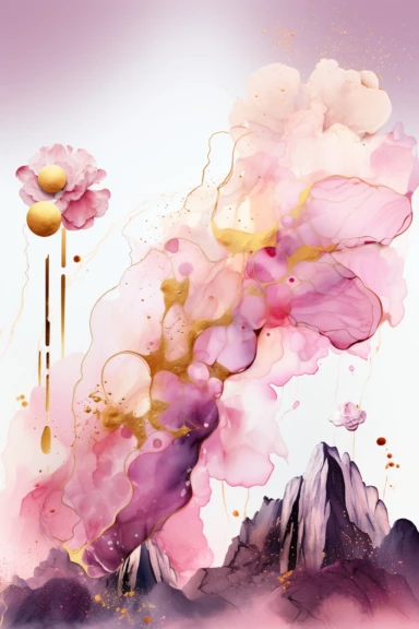 beautiful gorgeous alcohol ink of gold serene nature scene with a central focus on a pink leopard, gentle wave , minimalist style, crystals, glam, glossy, glitter texture, liquid ink clipart, modern and stylish design, bright colors, 300 dpi, clear decoration, clear white background, highly detailed digital art, 8k